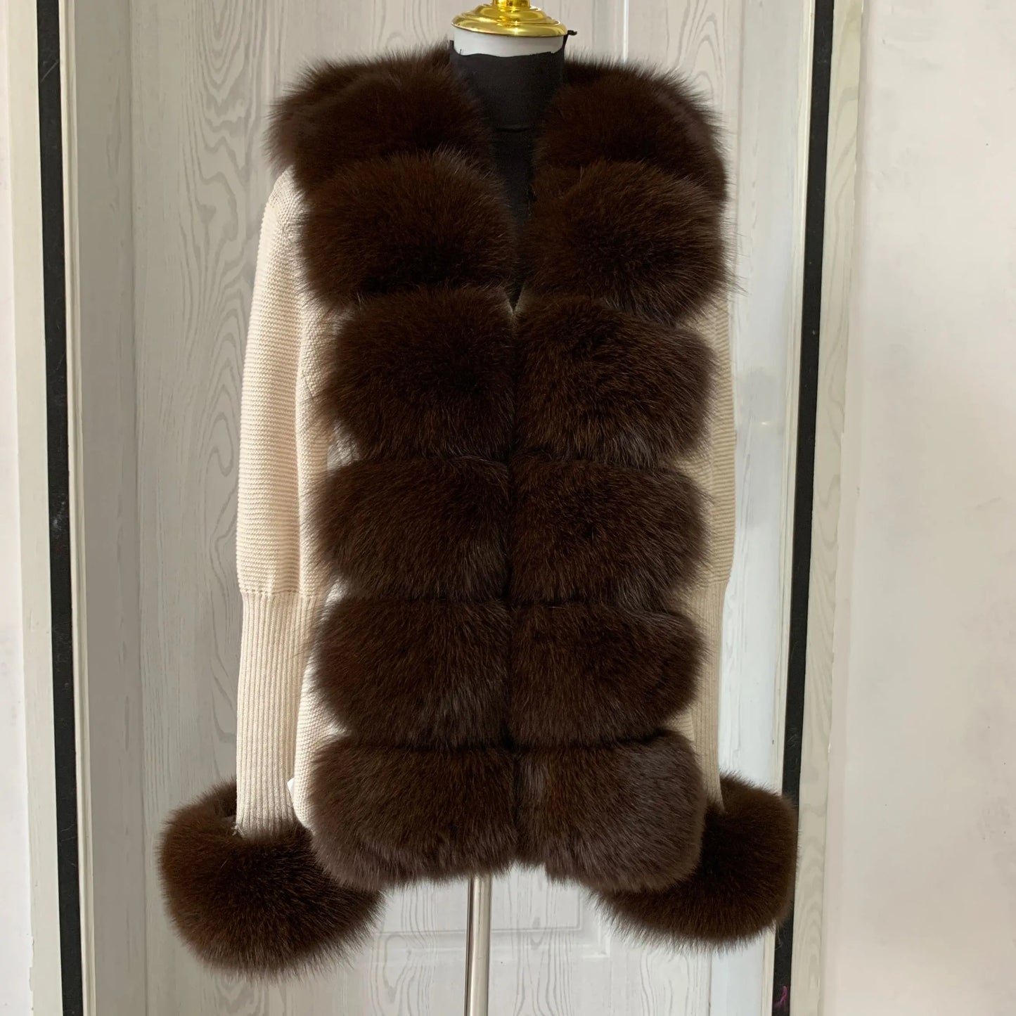Women’s Spring & Autumn Sweater Cardigan – Real Fox Fur Collar Jacket, Natural Fur Outerwear