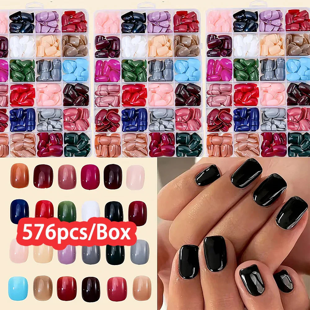 576PCS Colorful Press-On Fake Nails Set – Black & Red Oval/Square Short Full Cover Nail Tips for Salon-Style Nail Art