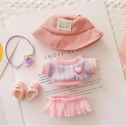 Mini Doll Clothes & Accessories — 15–17cm Labubu & 10cm Cotton Doll Outfit, Pink Hoodie & Yarn Skirt (No Doll)