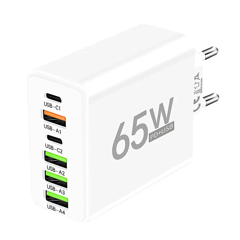 USB Type C 6-Port Wall Charger - PD Fast Charging for iPhone 15/14 Pro Max, Samsung, Xiaomi, Huawei Mobile Phones