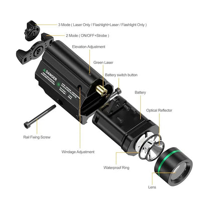 Feyachi Green/Red Laser Light Combo — 1000 Lumen LED Weapon Flashlight with Picatinny Rail Mount for Pistol & Rifle, Rechargeable