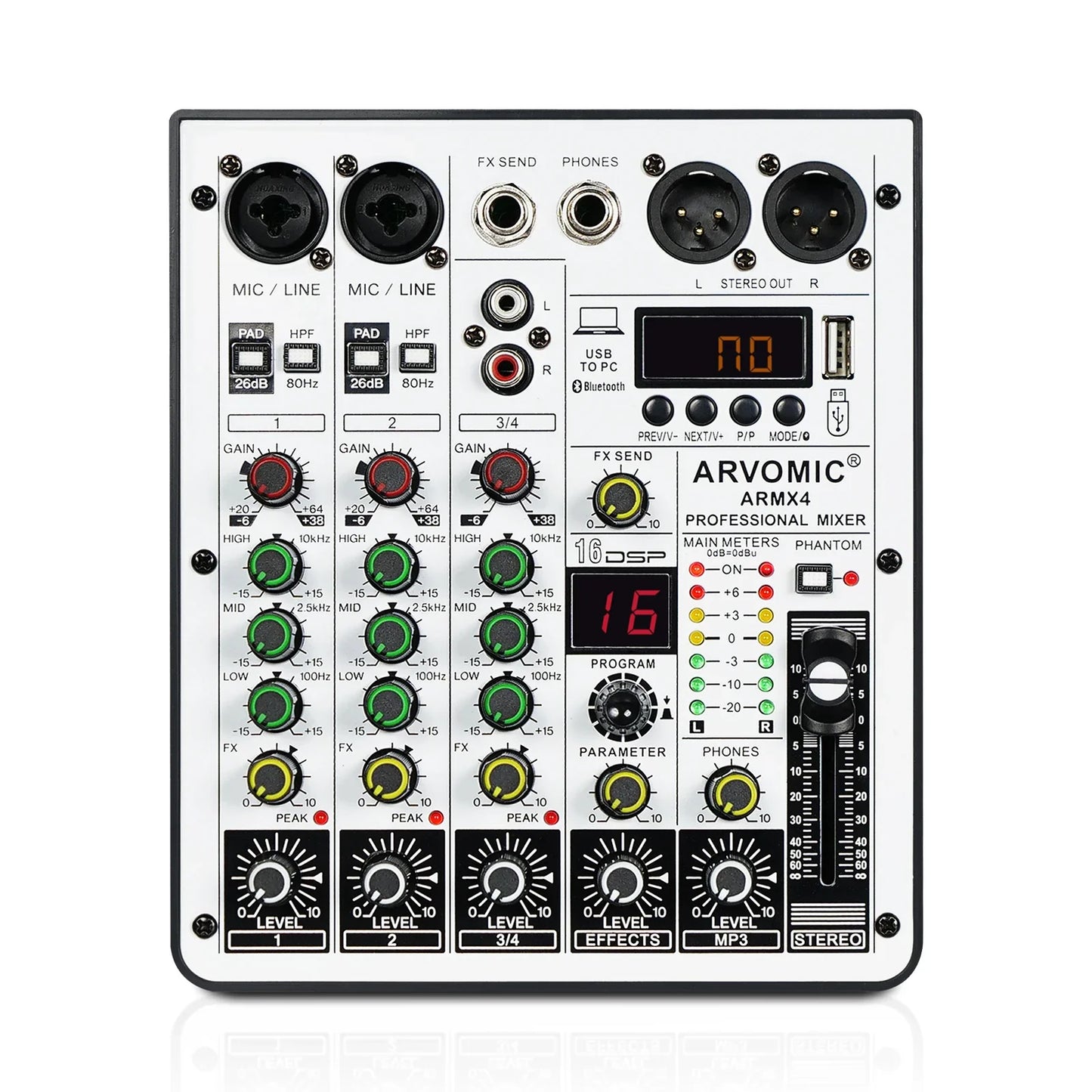 ARVOMIC 4-Channel DJ Audio Mixer – USB Interface, Bluetooth, 16 DSP Effects & 3-Band EQ (ARMX-4)
