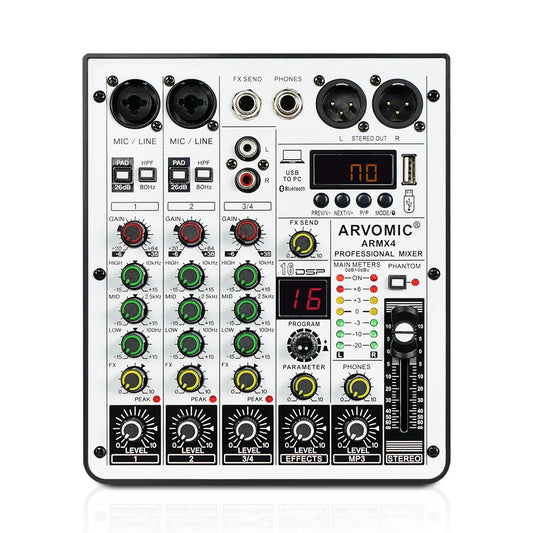 ARVOMIC 4-Channel DJ Audio Mixer – USB Interface, Bluetooth, 16 DSP Effects & 3-Band EQ (ARMX-4)