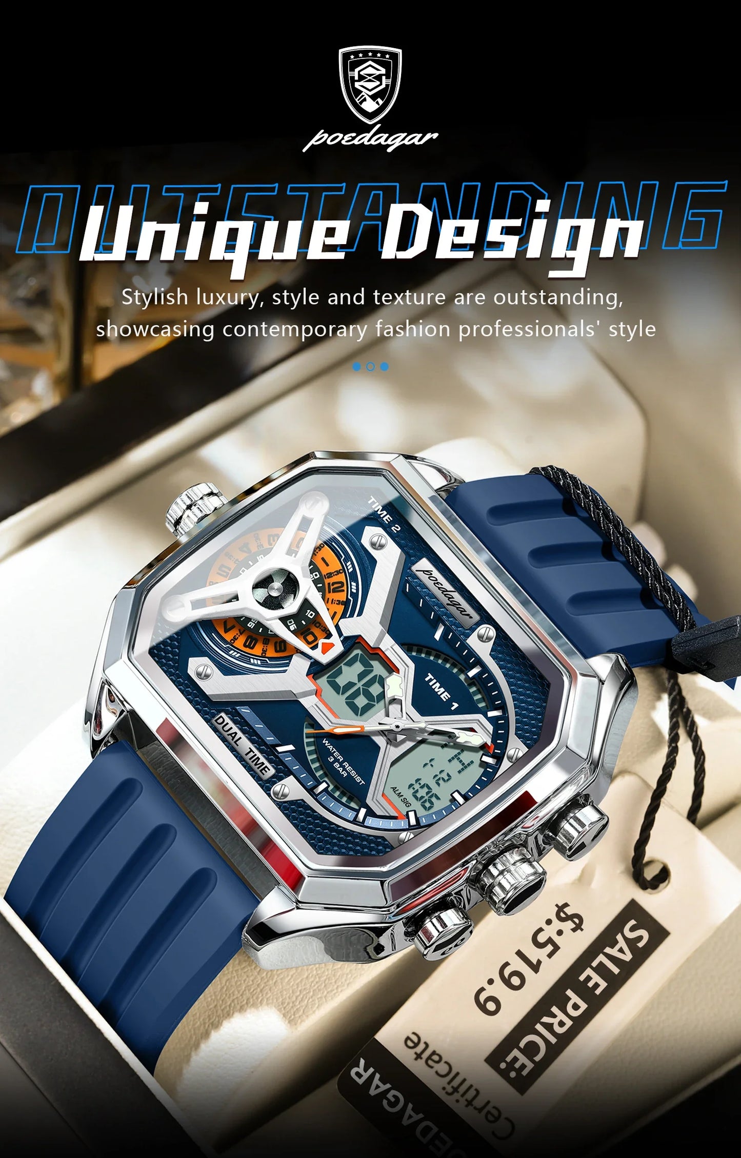 POEDAGAR Men's Luxury LED Wristwatch – Electronic Quartz Watch with Calendar, Week Display, Luminous Hands, and Silicone Strap