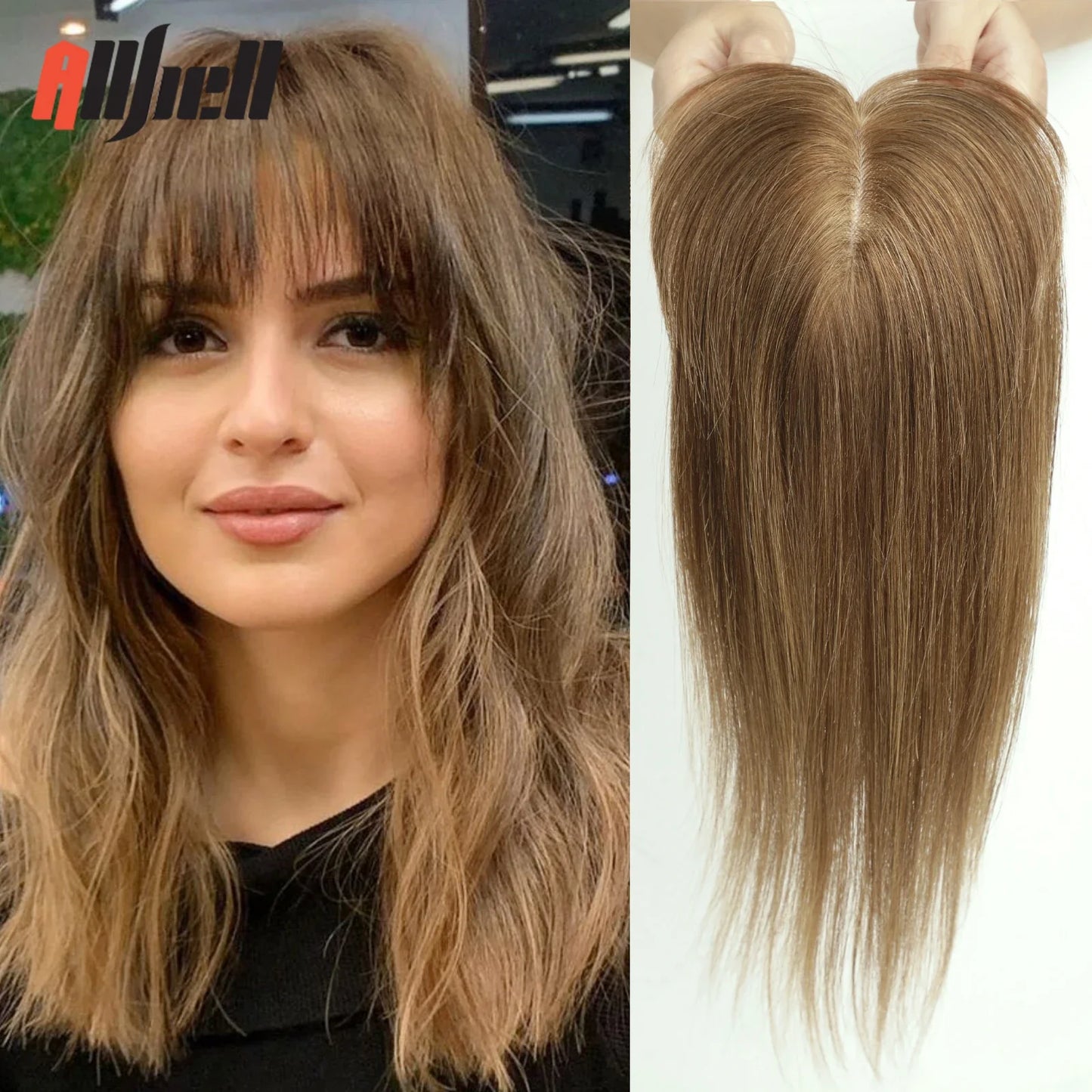 Brown Blonde Ombre Human Hair Toppers for Women – 10/12/14 Inches with Silk Base, Clips, and Bangs