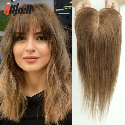 Brown Blonde Ombre Human Hair Toppers for Women – 10/12/14 Inches with Silk Base, Clips, and Bangs