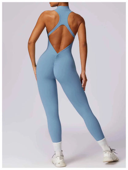 Women’s V-Back One-Piece Sports Jumpsuit — Sleeveless Yoga Romper with Zipper Workout Bodysuit