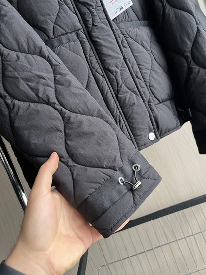 2024 ETJ Quilted Women's Coat – Beige Drawstring High Neck Jacket with Ties & Pockets