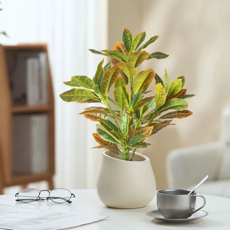 24–41cm Artificial Ficus & Banyan Tree Branch – Tropical Fake Codiaeum Leaf Plant for Home, Garden & Indoor Decor