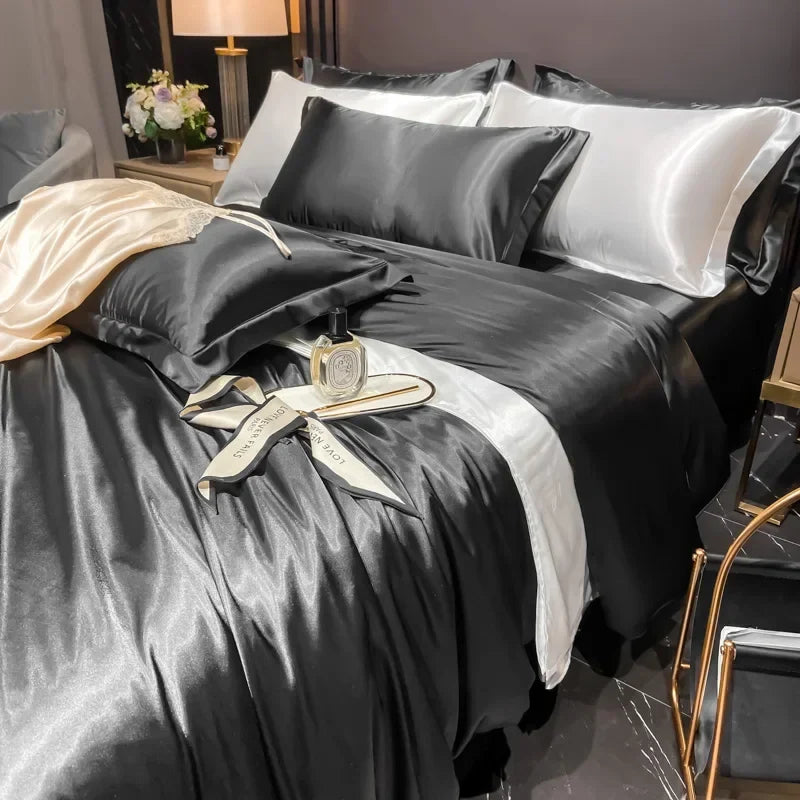 Solid Silk Bedding Set - Luxury Duvet Cover Bed Sheet Pillowcase Set For King Single Double Couple Beds