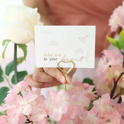 100/20x Metal Flower Card Holders – Golden Heart-Shaped Pickup Stick Clips for DIY Wedding Floral Arrangements