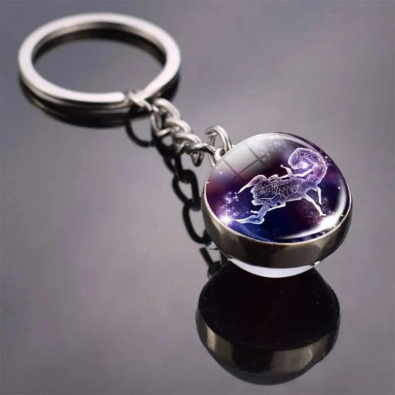 S12 Constellation Keychain – Luminous Double-Sided Zodiac Glass Ball Pendant for Men & Women