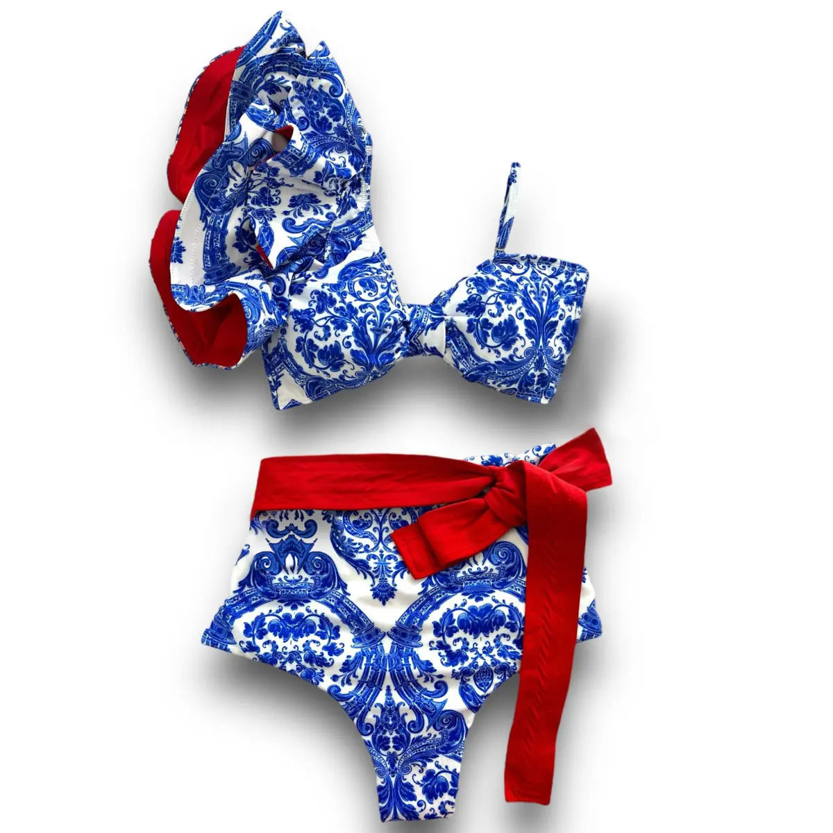 Sporlike V-Neck Ruffled Bikini Set – High Waist Sexy Printed Two-Piece Swimsuit for Women 2025