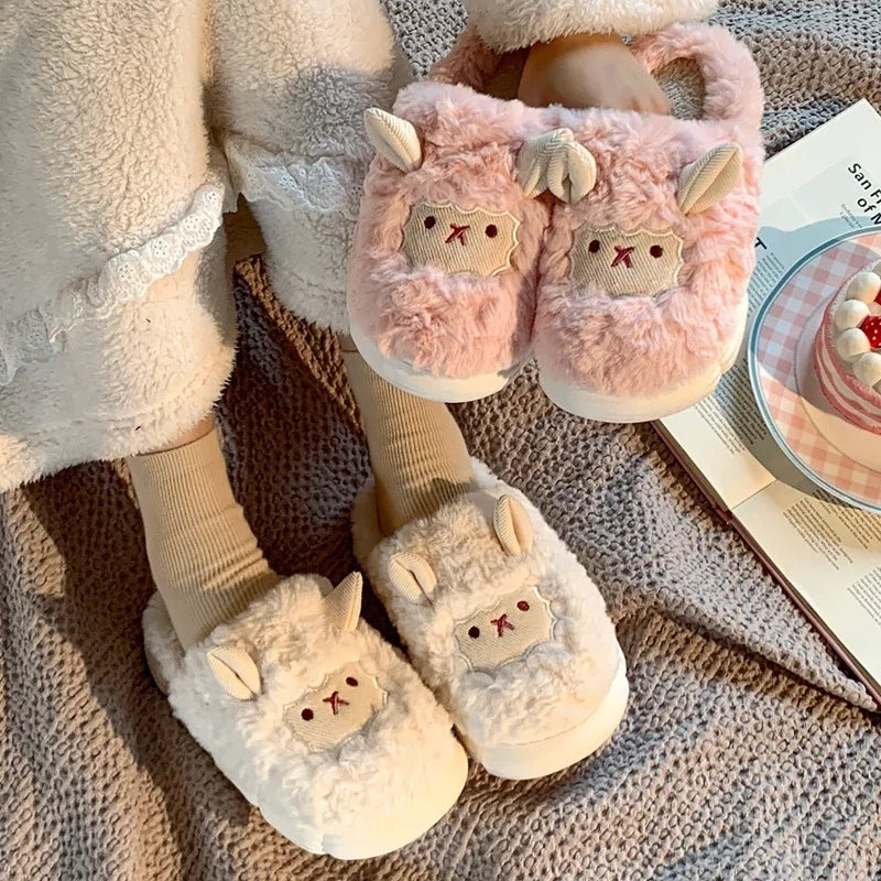 Unisex Sheep Fluffy Slippers – Cute Plush Non-Slip Cartoon Slides for Men & Women Winter House Shoes