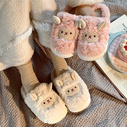 Unisex Sheep Fluffy Slippers – Cute Plush Non-Slip Cartoon Slides for Men & Women Winter House Shoes