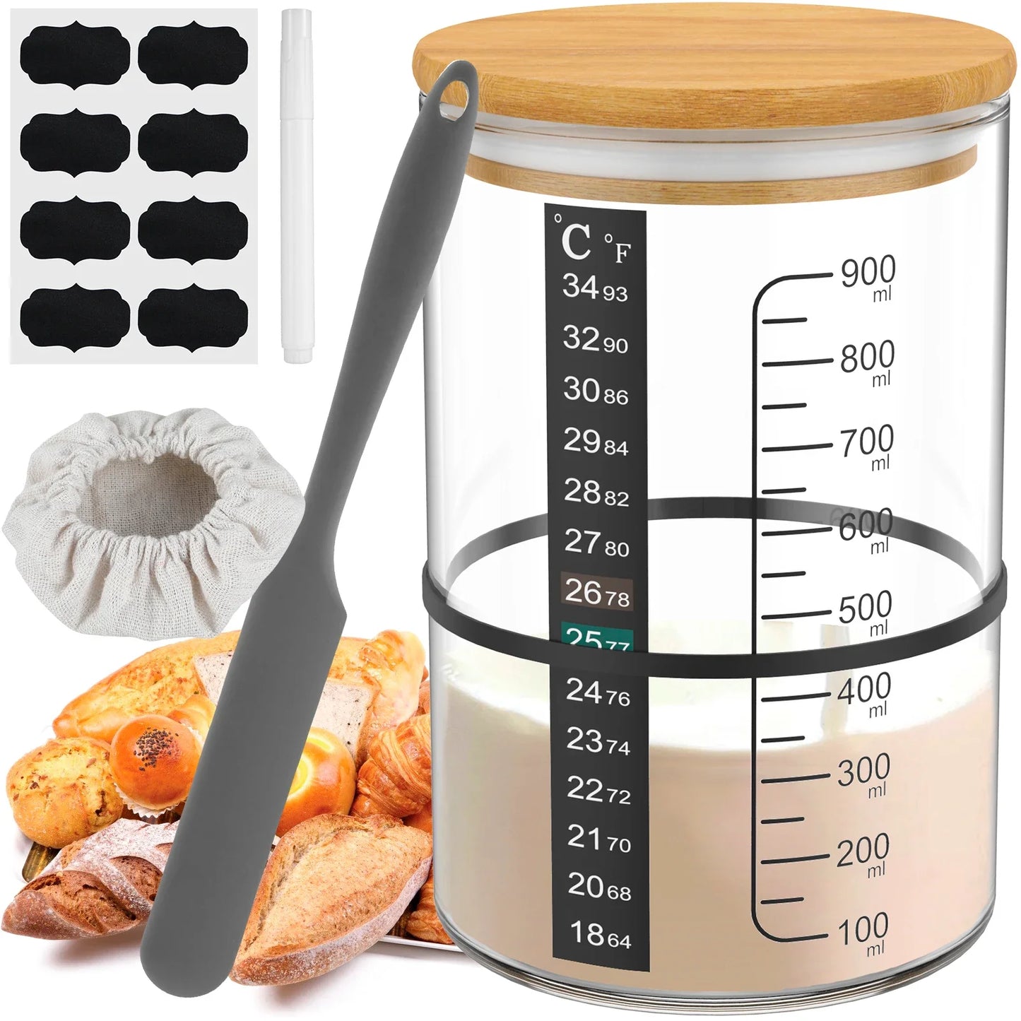 900ml Sourdough Fermentation Jar - Clear Glass with Wide Mouth and Lid - Essential Sourdough Starter Container for Baking Supplies