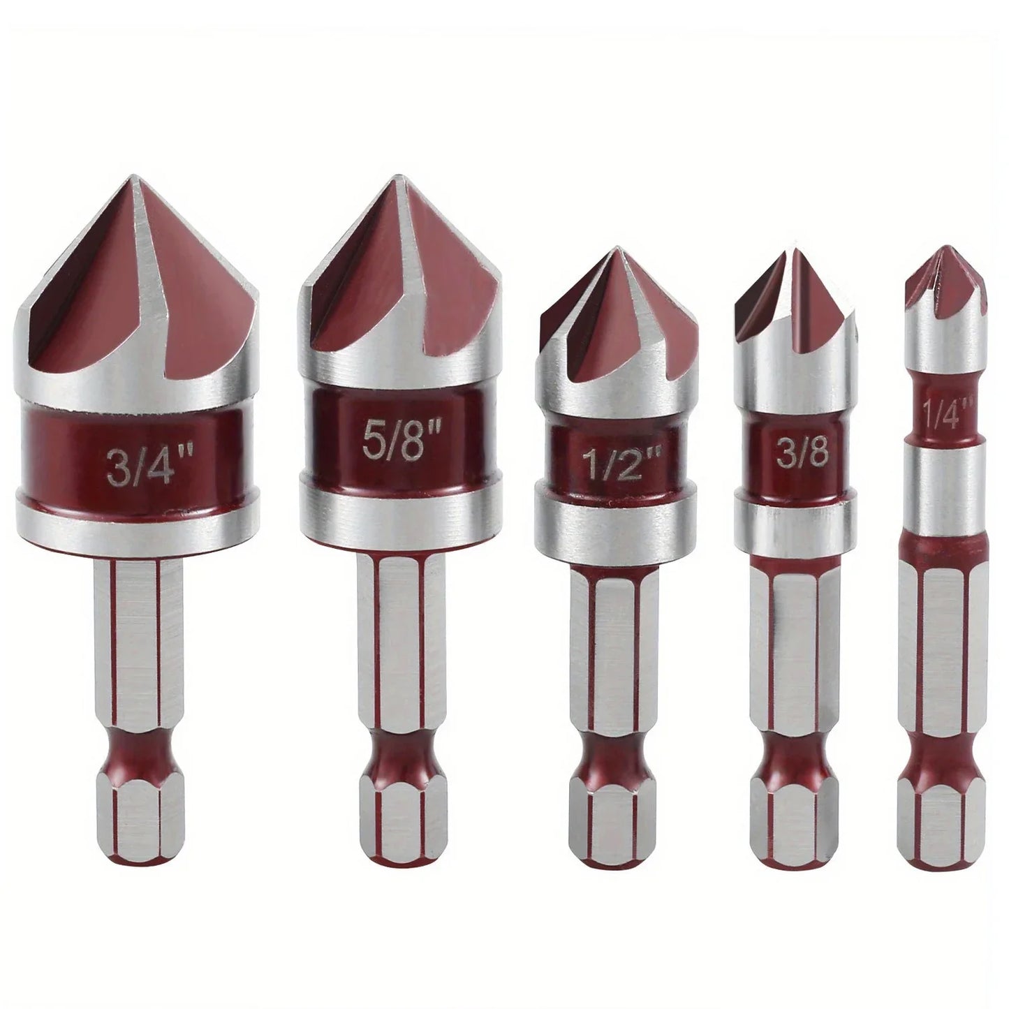 5PCS M35 Cobalt Countersink Drill Bit Set – 82° 5-Flute Hex Shank (1/4") for Metal, Wood & Precision Drilling with Holder