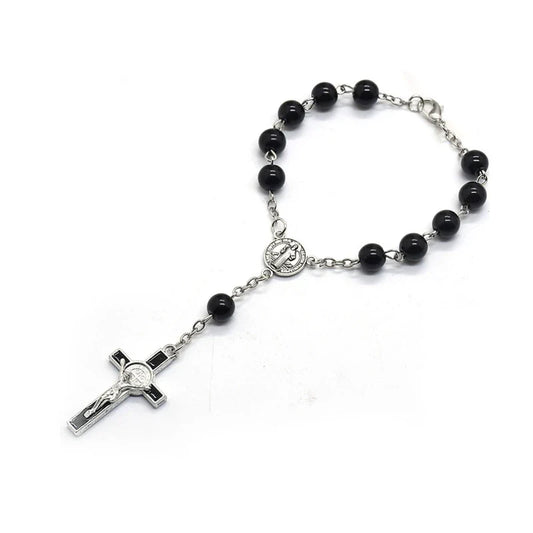 Exquisite Black Glass Rosary Cross Bracelet – Catholic Prayer Bead Jewelry, Religious Wrist Rosary for Faith & Spiritual Devotion