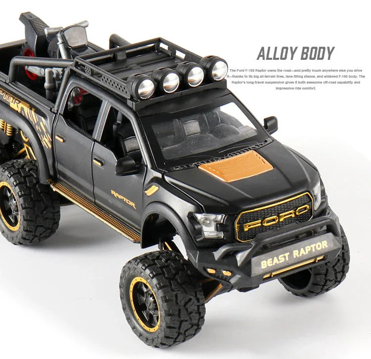1:24 Diecast F150 Raptor Pickup Truck — Metal Model Car with Sound & Light for Kids Age 3+, Blue