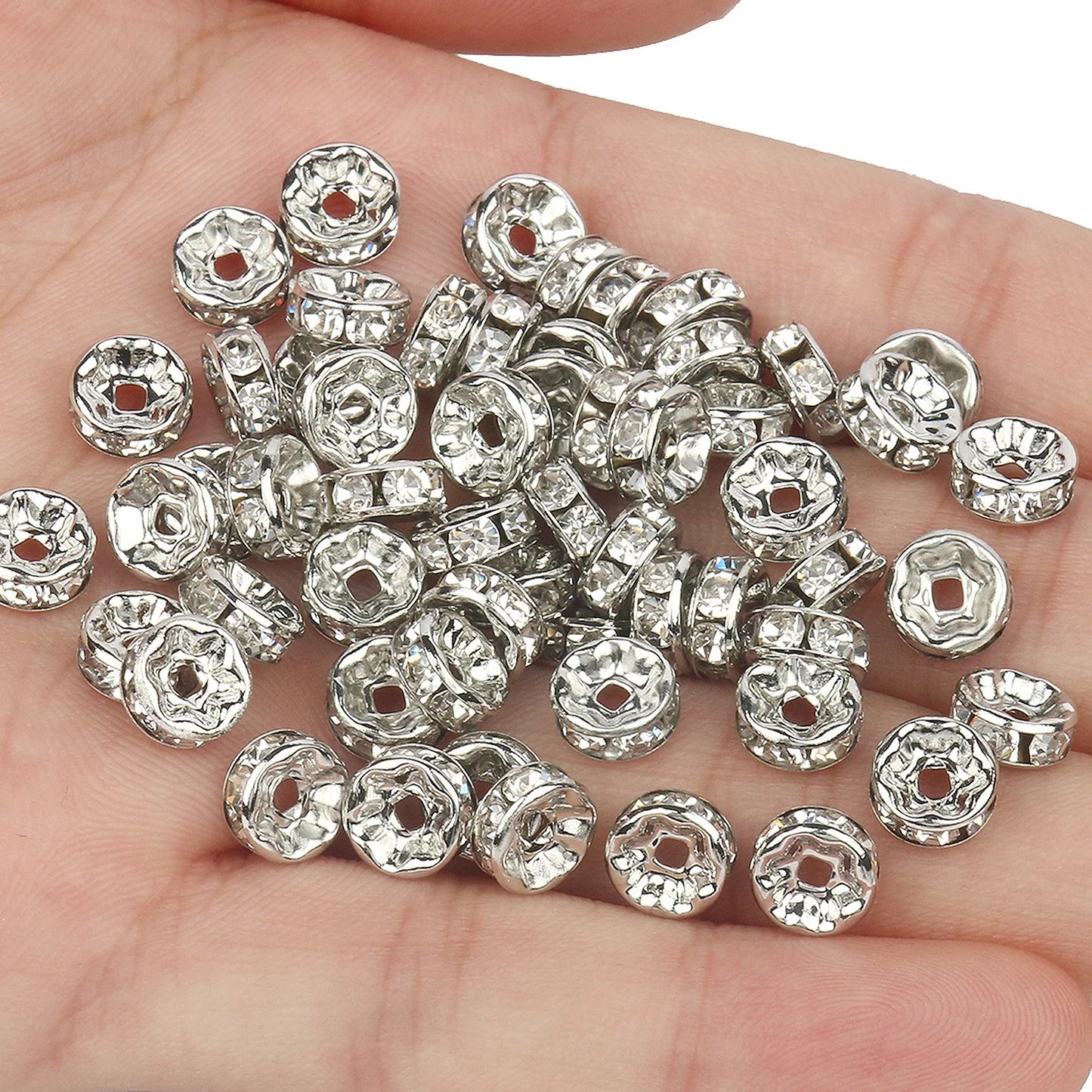 50PCS Rhinestone Spacer Beads Set – Multi-Color Crystal Rondelle Metal Beads for DIY Jewelry & Bracelet Making