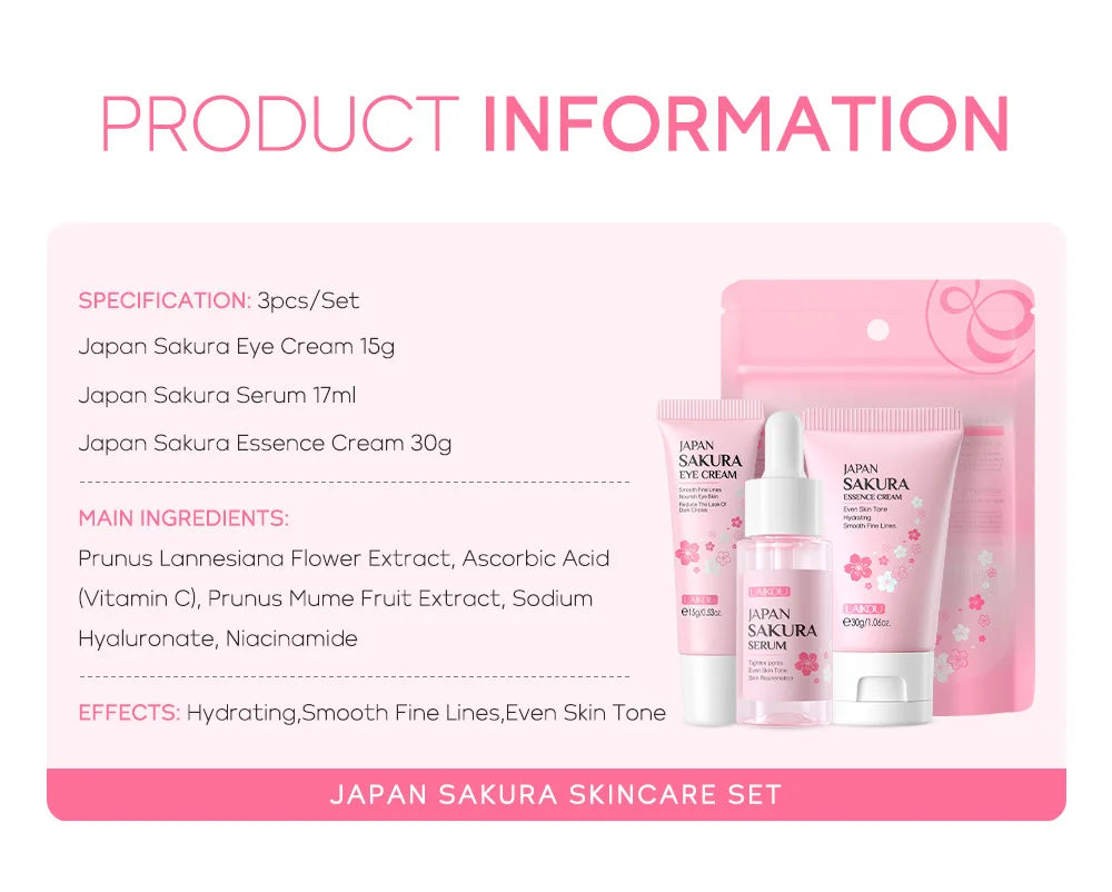 3pcs LAIKOU Vitamin C 24K Golden Sakura Skincare Set – Moisturizing Face Cream, Serum & Eye Cream