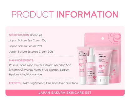 LAIKOU 3pcs Vitamin C & 24K Gold Sakura Skincare Set — Moisturizing Face Cream, Serum & Eye Cream, Anti-Wrinkle Face Care Kit