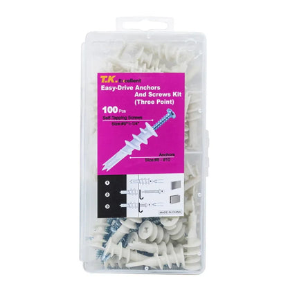 100Pcs Nylon Drywall Ribbed Anchors with Self-Tapping Screws — Plastic Plasterboard Wall Bolts