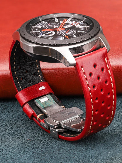 Genuine Leather Watch Band 20mm 22mm 24mm — Vintage Cowhide Strap with Deployment Clasp for Samsung Galaxy Watch 3/4