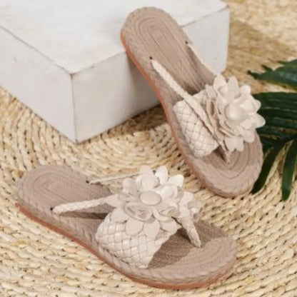 Women's Braided Floral Flip Flops - Flat Open-Toe Vacation Sandals