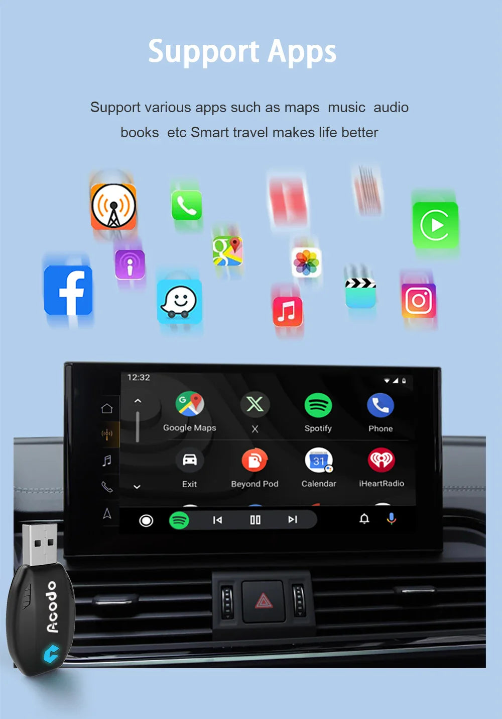 Acodo Wired to Wireless CarPlay Dongle – Android Auto Adapter, Fast WiFi, USB Type-C Plug & Play