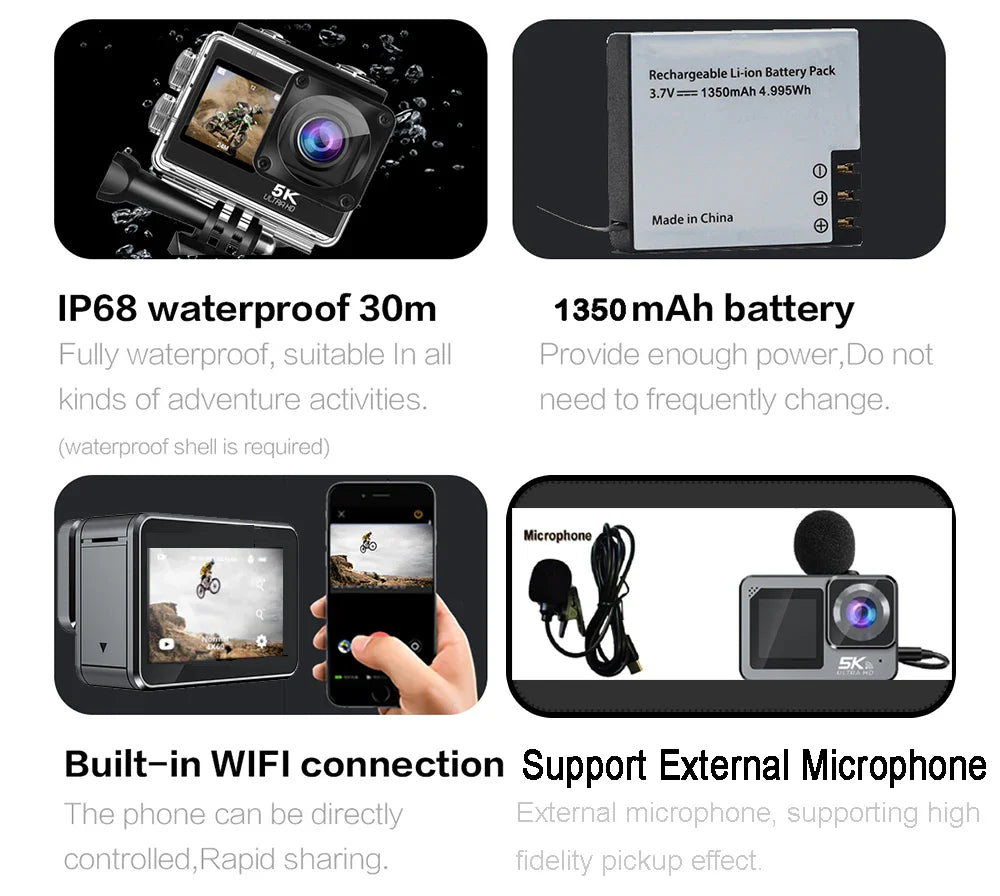 F6W Action Camera — 5K/4K60FPS, 48MP, 2.2" Touch LCD, EIS, Dual Screen, Wi-Fi, 170° Waterproof 30M, 8X Zoom Sports Camera with Wireless Mic