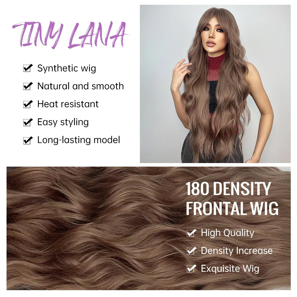 Super Long Curly Wavy Brown Synthetic Wig with Bangs – Heat-Resistant Afro Style for Cosplay, Party, Halloween, White Women