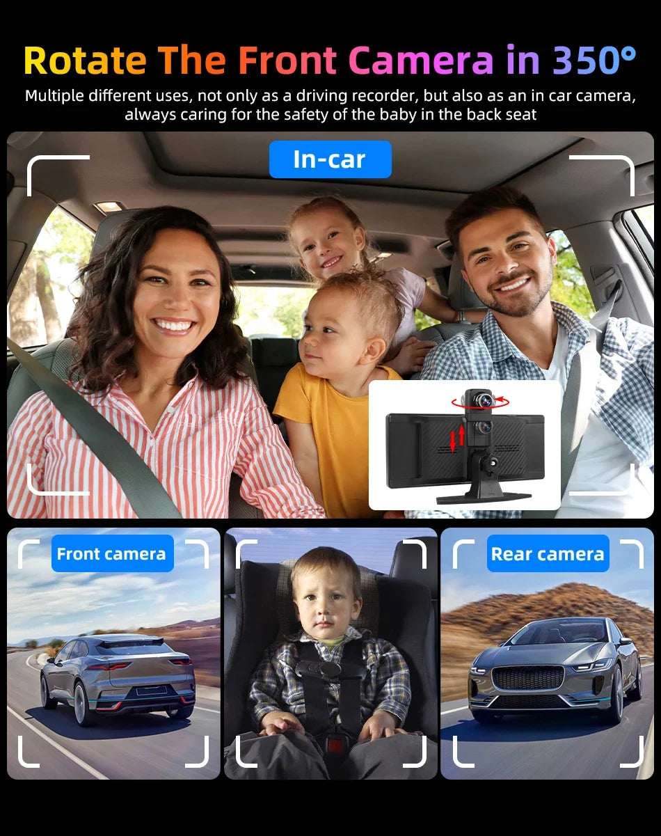 7"/10.26" 4K Dash Cam — Car DVR with Wireless CarPlay, Android Auto, 350° Rotating Lens, GPS & Bluetooth