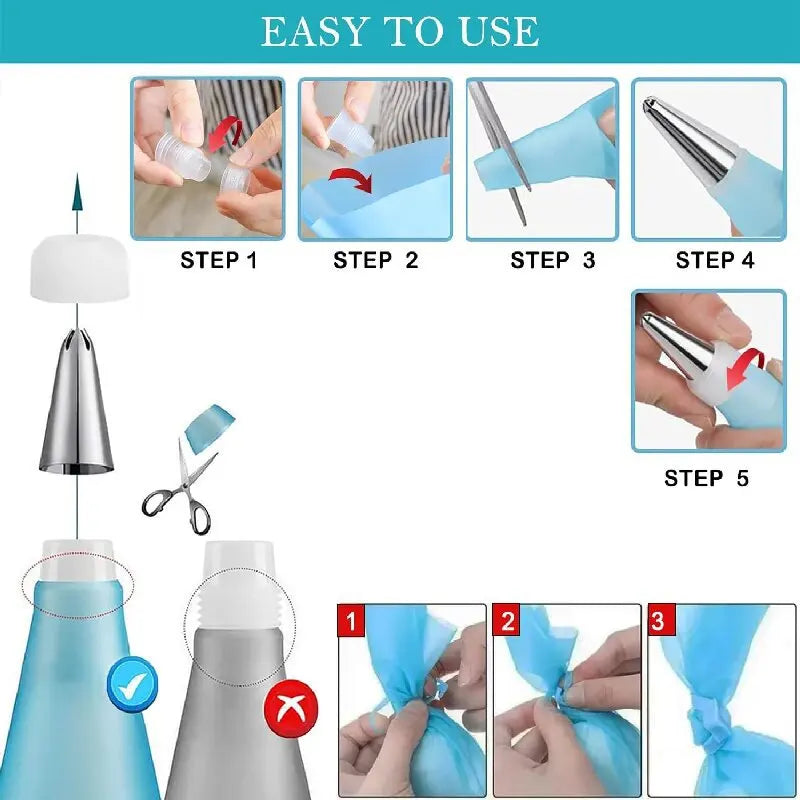 Silicone Piping Bags & Tips Set – Reusable Cake Decorating Kit with Stainless Steel Nozzles for Baking