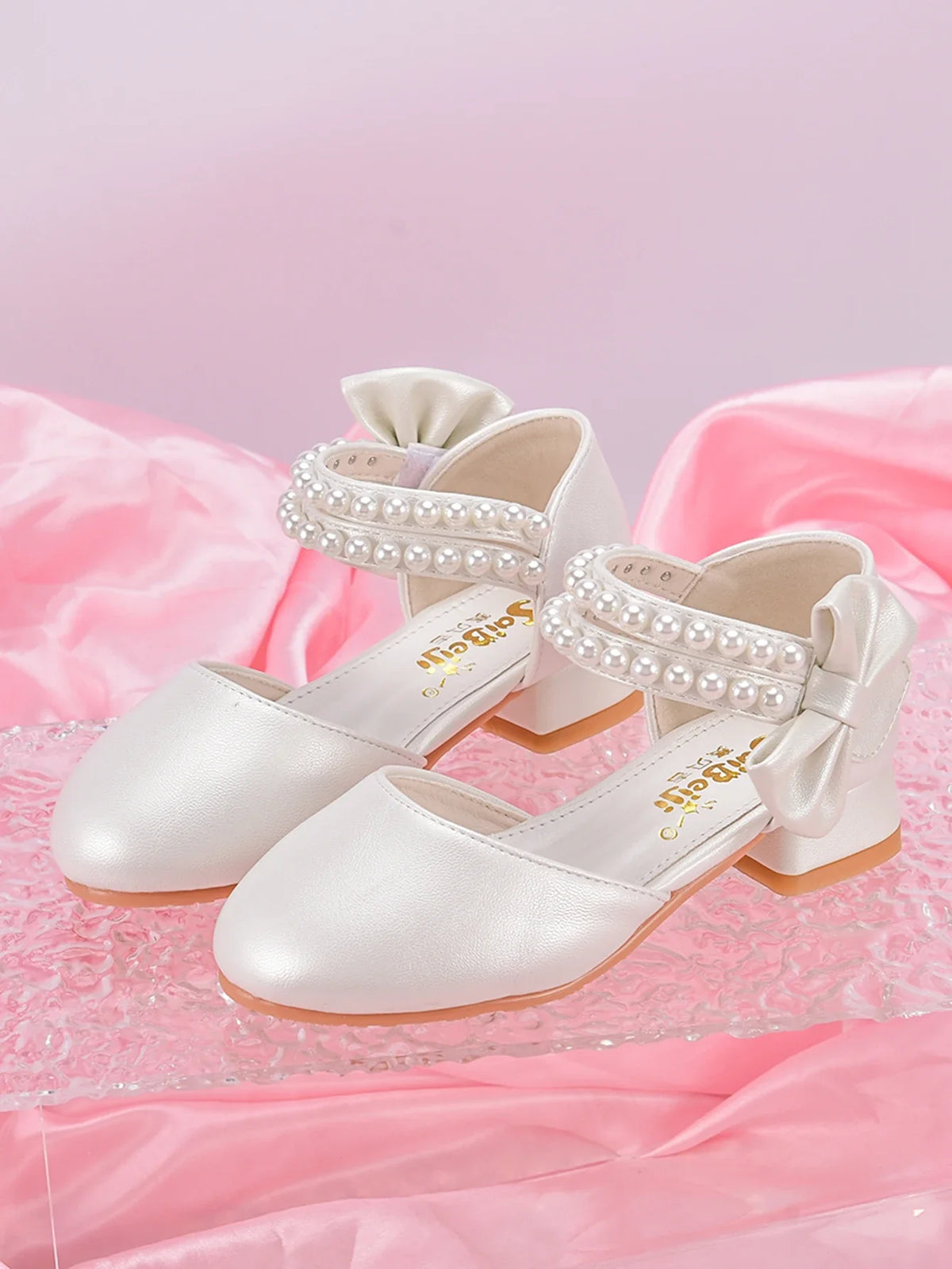 Girls’ Princess High-Heel Shoes - White Pearl Dress Shoes for Big Kids, Spring/Summer Style
