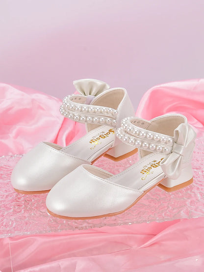 Girls’ Princess High-Heel Shoes - White Pearl Dress Shoes for Big Kids, Spring/Summer Style