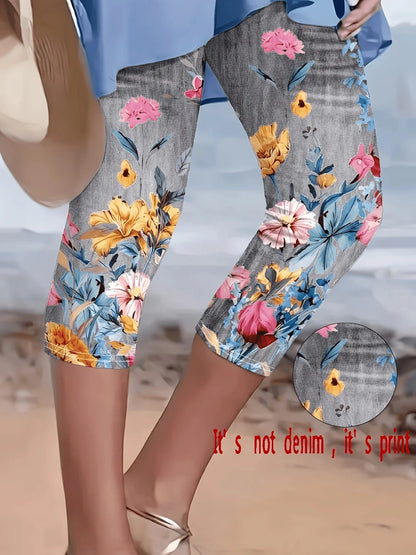 Women's Floral Print Capri Leggings - High-Stretch Faux Denim Slim-Fit Cropped Pants