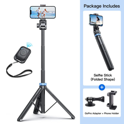 Selfie Stick Tripod for iPhone 15-12, Pro Max, Samsung & GoPro – Lightweight with Wireless Bluetooth Remote & Tripod Stand