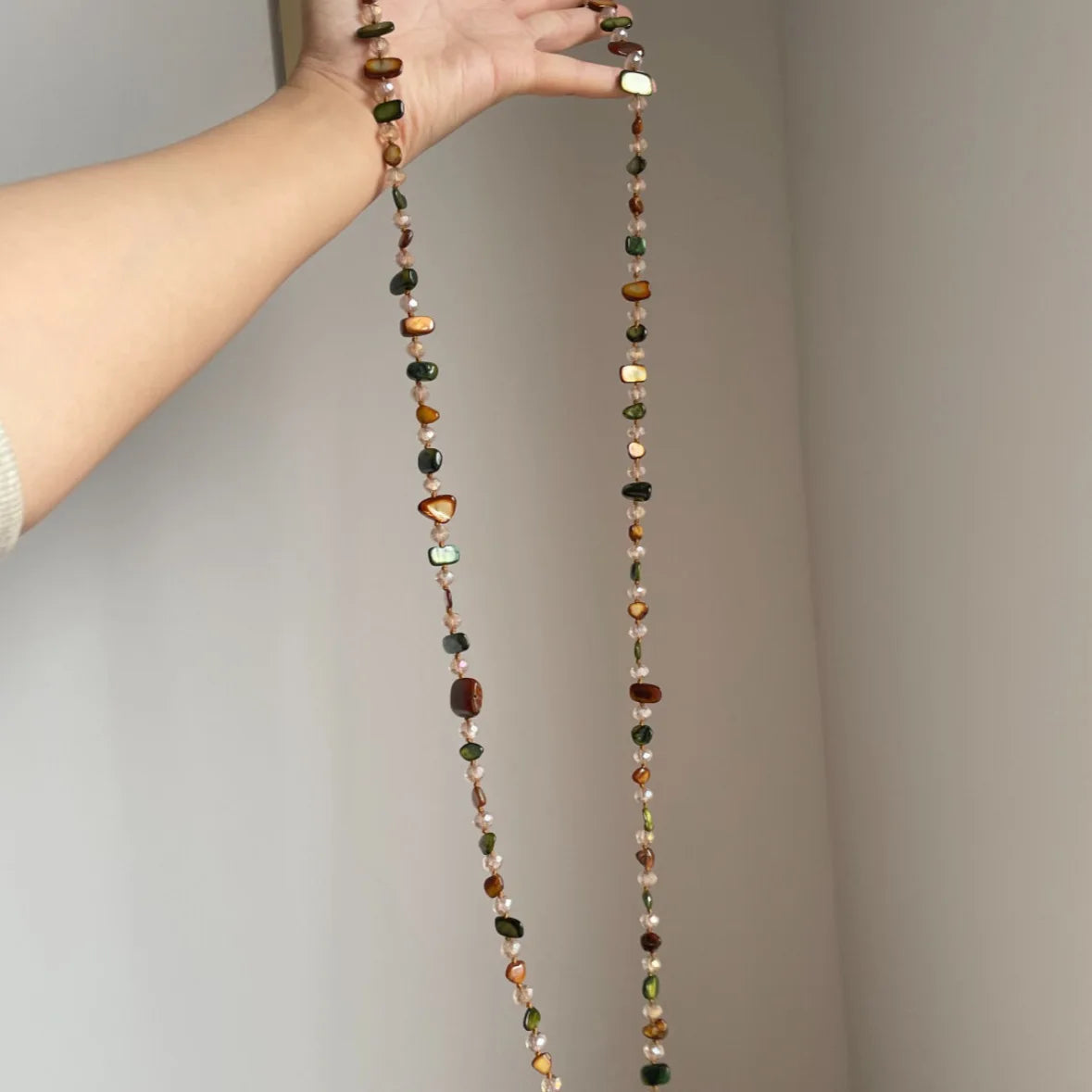 Bohemian Natural Stone Necklace - Handmade Double Layer Crystal Bead Long Chain Jewelry Gift for Women