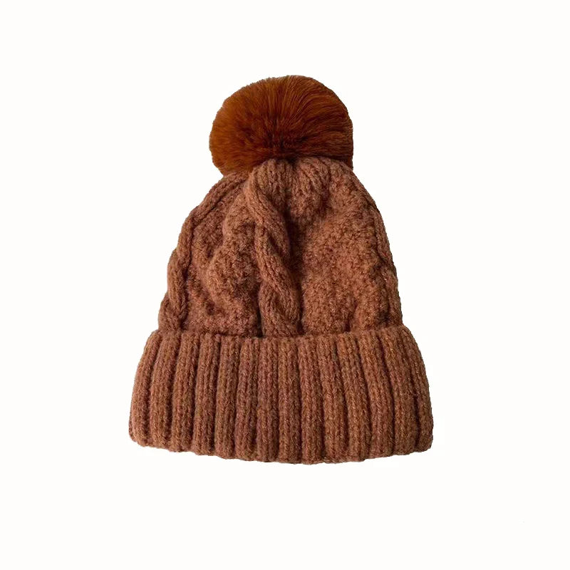 New Women’s Winter Twist Knit Hat – Thick Plush Beanie with Fur Pompom, Solid Color Ski Snow Skullies