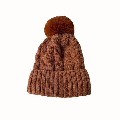 New Women’s Winter Twist Knit Hat – Thick Plush Beanie with Fur Pompom, Solid Color Ski Snow Skullies