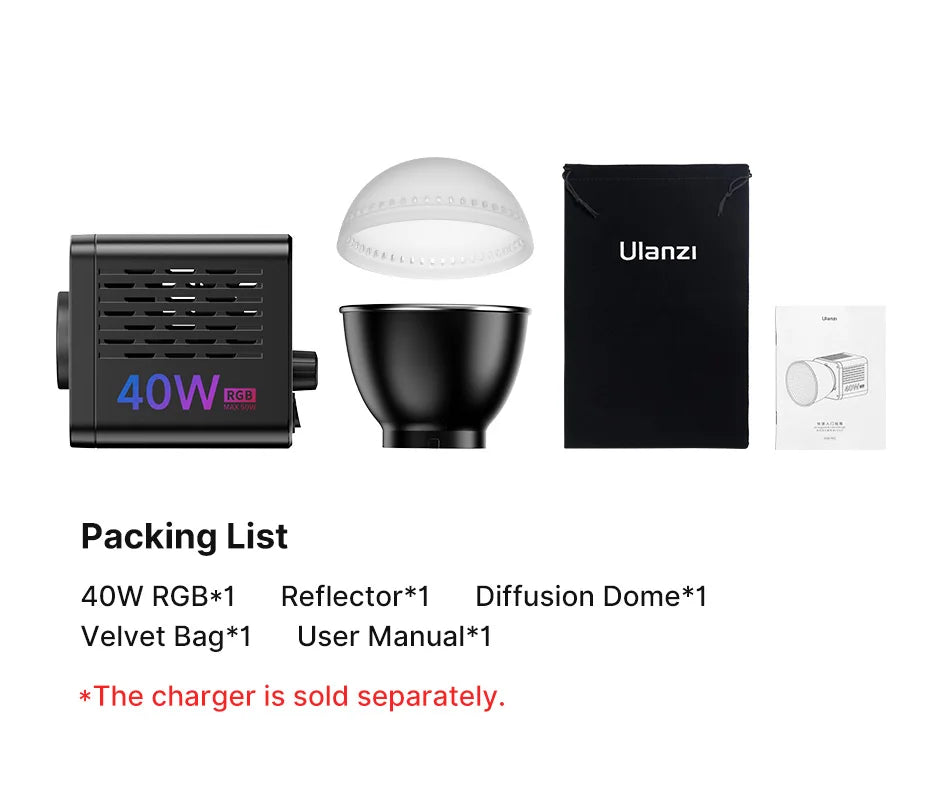 Ulanzi L024 40W RGB Video Light – 2500-6500K Bi-Color, 0-359° RGB COB Light with Mini Bowens Mount & 3400mAh Fill Light
