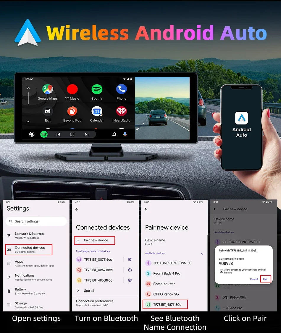 7"/10.26" 4K Dash Cam — Car DVR with Wireless CarPlay, Android Auto, 350° Rotating Lens, GPS & Bluetooth