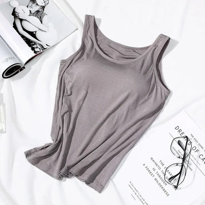 Women’s Built-In Bra Tank Top - Solid Color Padded Slim Fit Vest Shirt for Casual, Sexy & Everyday Wear