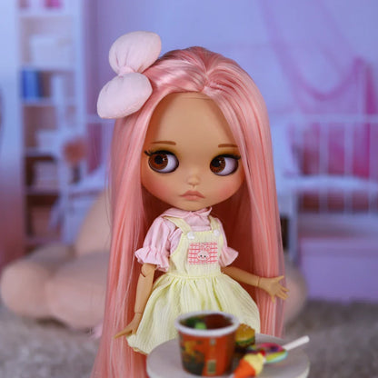 ICY DBS Blyth Doll – 1/6 BJD Joint Body, 30cm Brown Skin Matte Face with Bow, Cute Anime Girl Gift