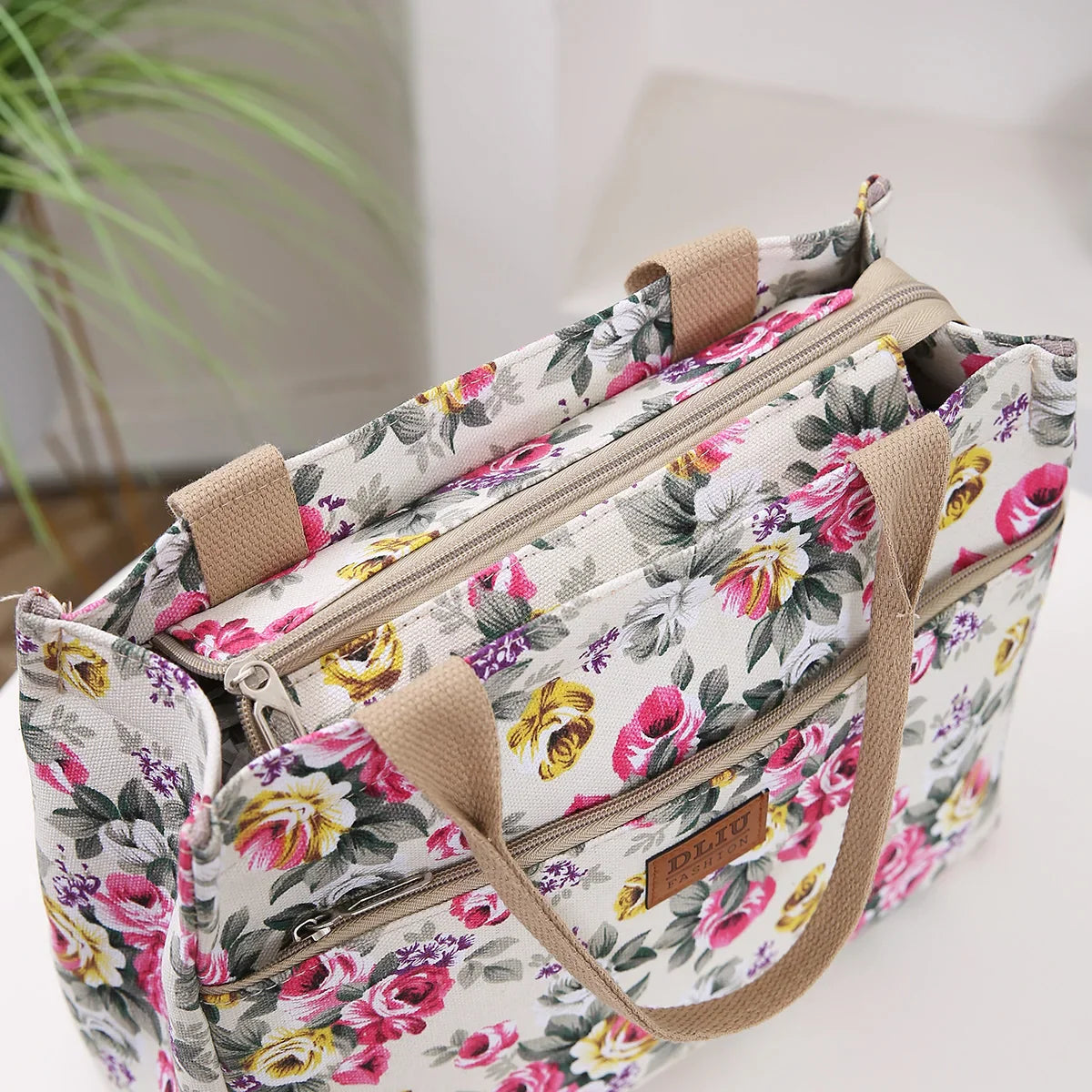 Women’s Floral Print Canvas Tote Bag – Portable Lunch Bag Casual Handbag Bento Mommy Bag for Picnic & Travel