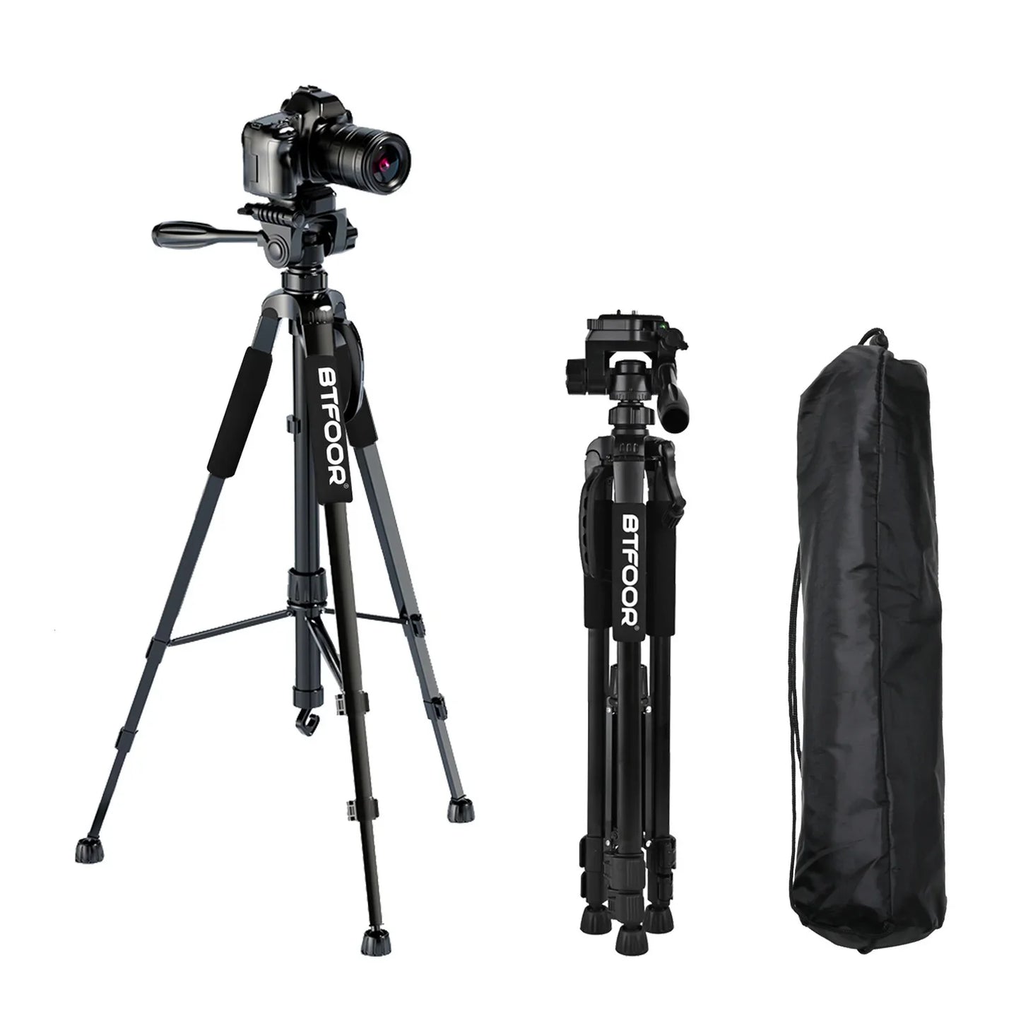 55" Aluminum Phone & Camera Tripod — Travel Self-Stand with Quick Plate Mount & Pan Head for Canon, Nikon DSLR & SLR Cameras
