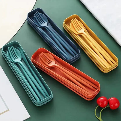 4-Piece Portable Utensils Set - Eco-Friendly Wheat Straw Cutlery - Reusable Chopsticks, Fork, Knife, Spoon
