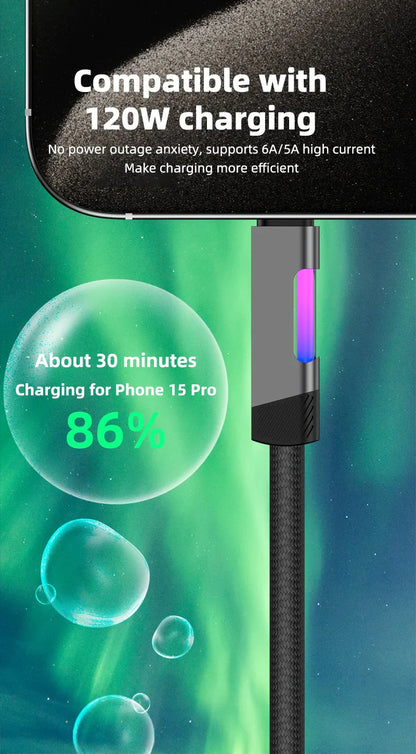 RGB Fast Charging Cable 120W 6A – USB Type-C Charge Cord with Ambient RGB Light