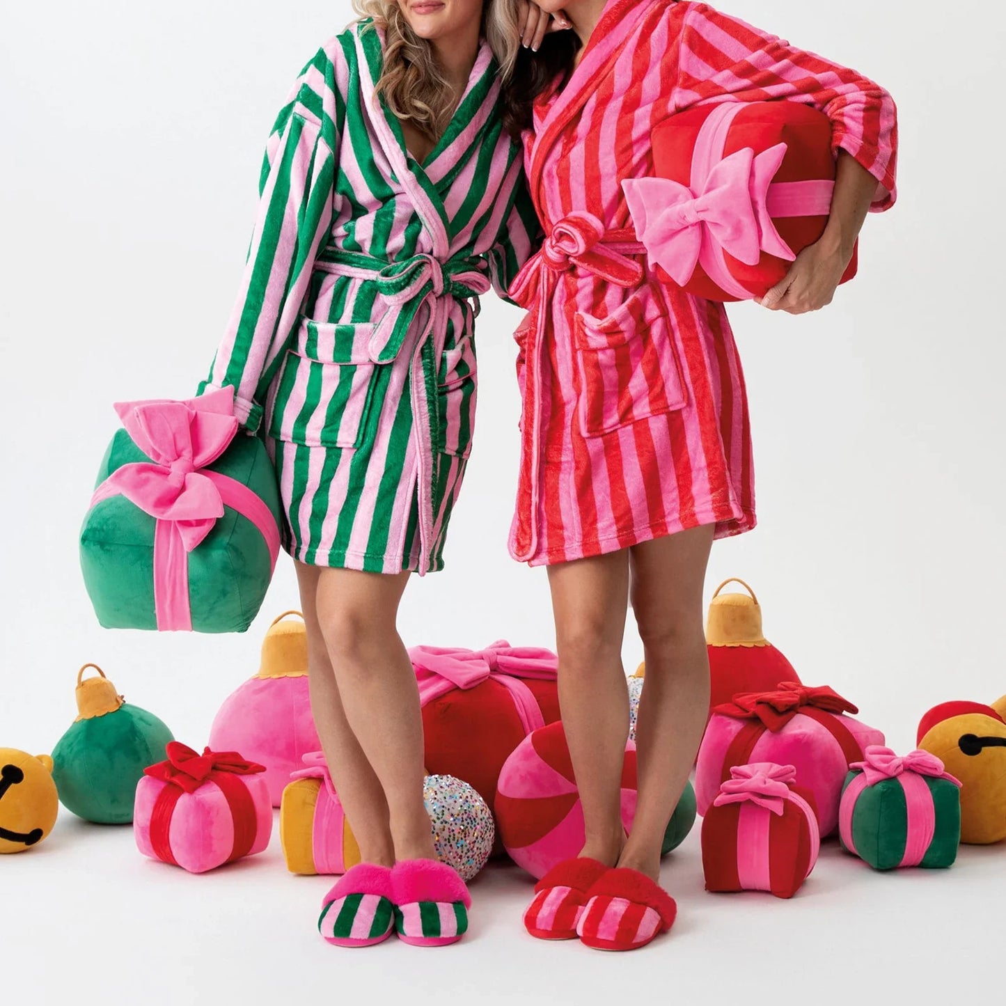 Women’s Winter Plush Robe – Long Sleeve Lapel Tie-Up with Stripe, Heart & Candy Prints Loungewear